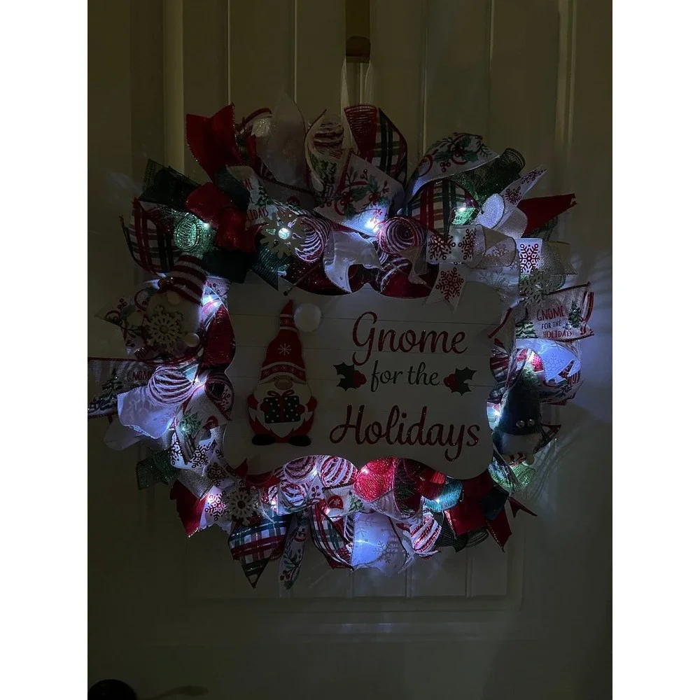 Handmade Christmas Gnome for the Holidays Ribbon Door Wreath 22 ins LED W36
